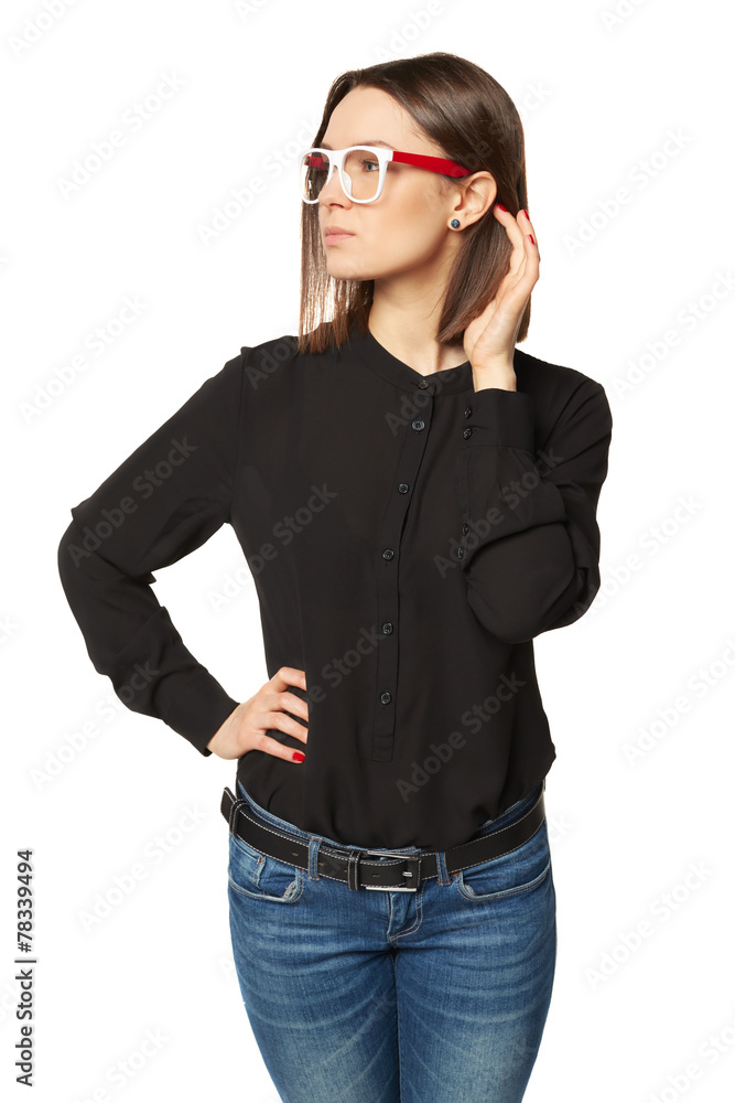 Portrait of the young sexual brunette wearing glasses. Isolated Portrait of the young sexual brunette wearing glasses. Isolated