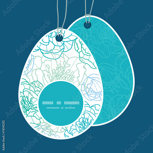 Vector blue line art flowers Easter egg shaped tags set template