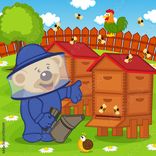 teddy bear beekeeper keeps bee smoker - vector illustration, eps
