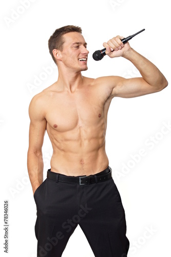 Karaoke with man shirtless on white background