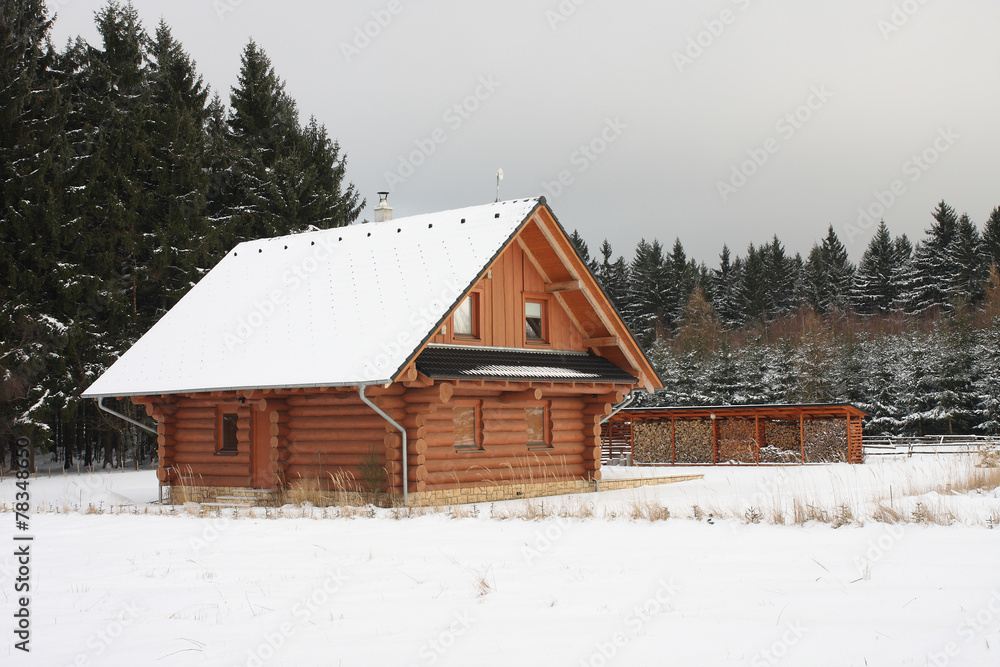 Wooden cottage in forest in winter