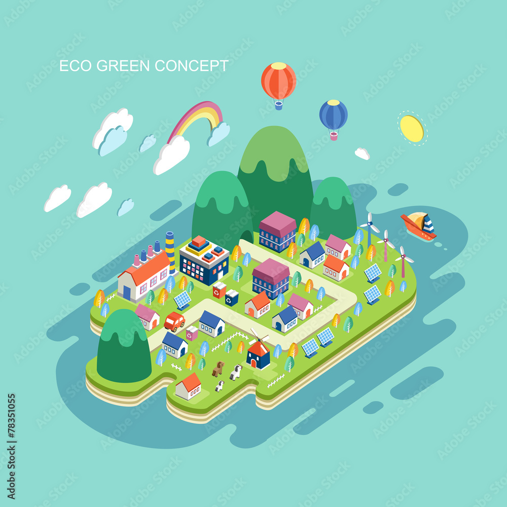 flat 3d isometric eco green concept illustration