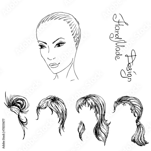 face and hairstyle girl painted by hand,  vector illustration