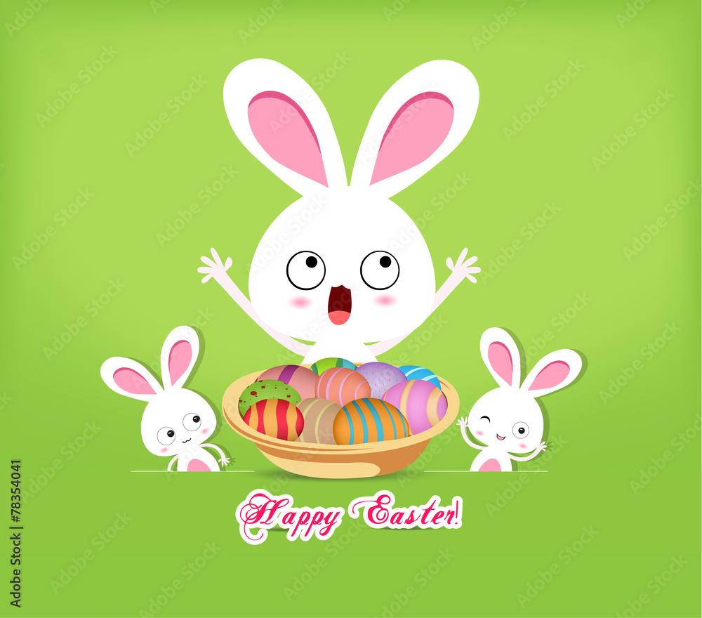 Fototapeta premium happy easter with basket of eggs and bunny