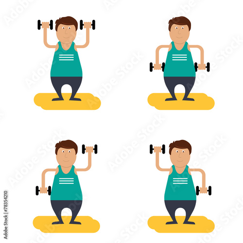 character. fat man with dumbbells doing gisnastiku