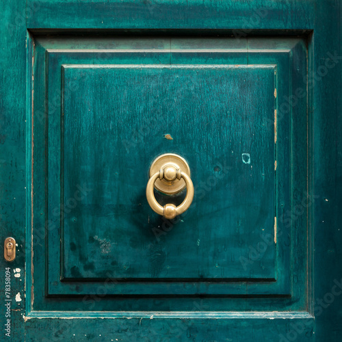 Slika na platnu Dark wooden door panel with door knocker.