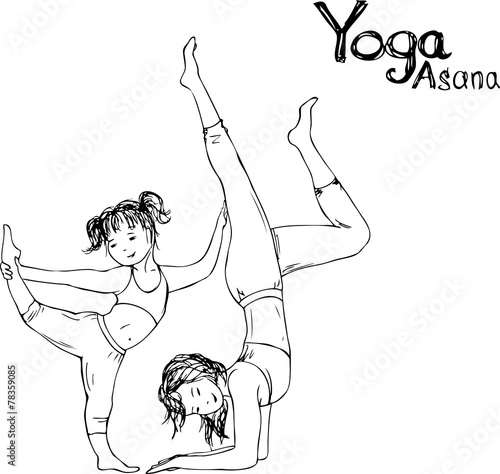 girl and woman doing yoga poses,  vector illustration