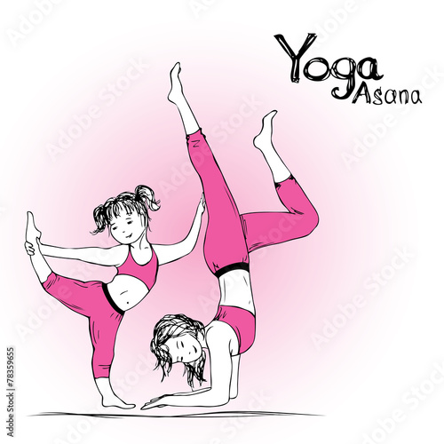 girl and woman doing yoga poses,  vector illustration
