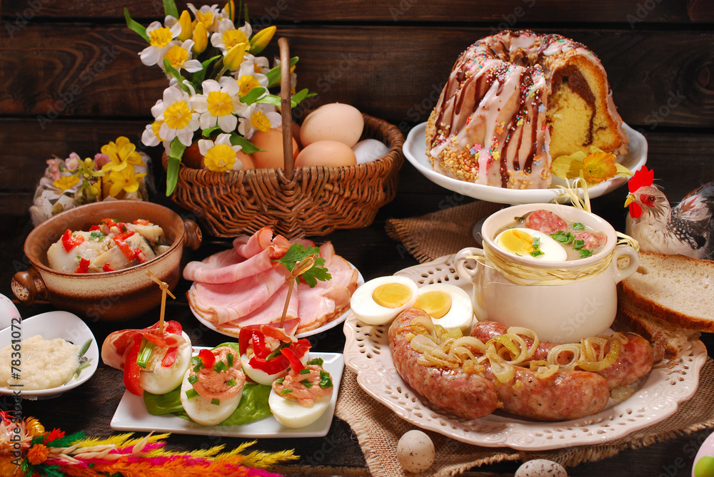 Fototapeta premium easter traditional dishes on rural wooden table