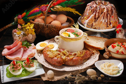 easter traditional dishes on rural wooden table
