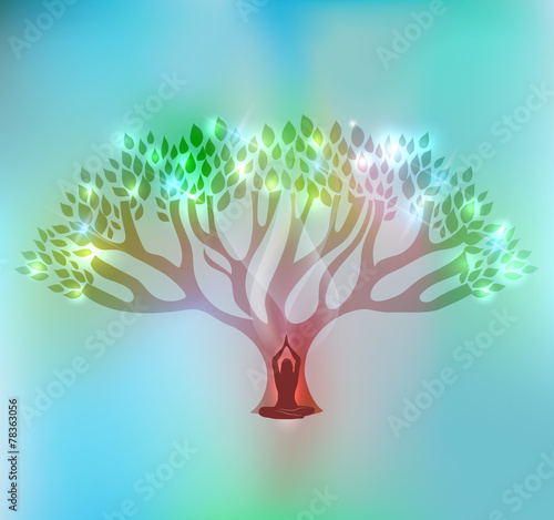 Big tree and woman at the front of the tree with sparkling leafs