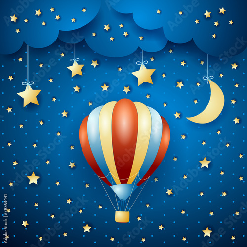 Night landscape with hot air balloon