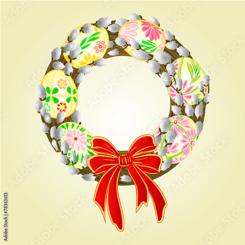 Easter wreath with pussy willow and easter eggs vector