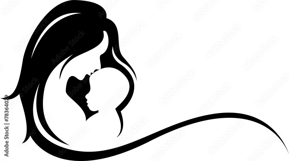 mother and baby silhouette - obrazy, fototapety, plakaty 
