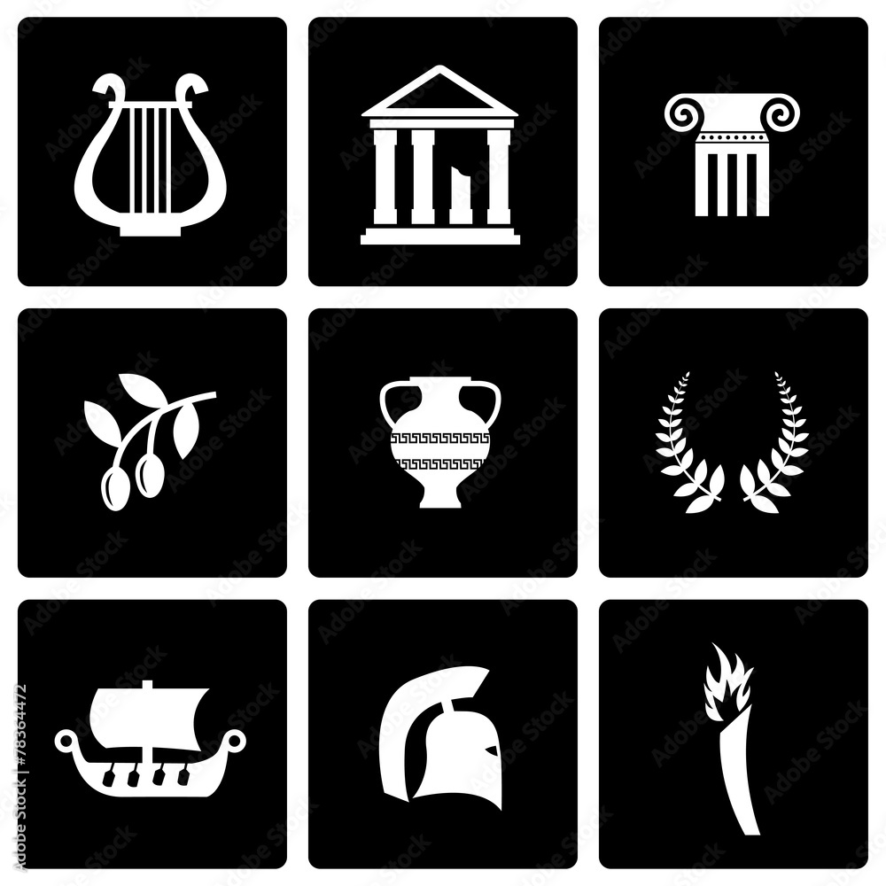 Vector black greece icon set - obrazy, fototapety, plakaty 
