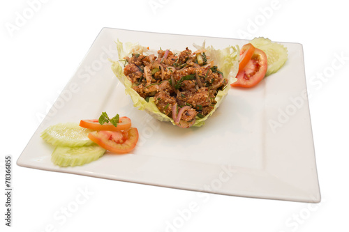 Thai spicy Tuna  salad on white plate