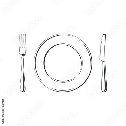 Knife, fork and plate, isolated on white background.