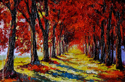 Oil painting - colorful autumn forest , art work