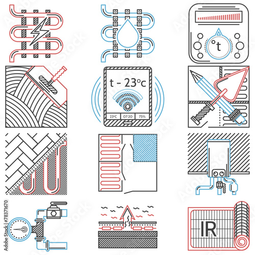 Flat line colored vector icons for heated floor