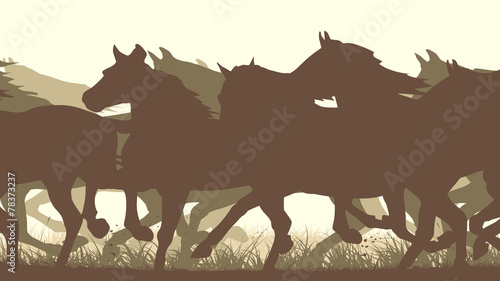 Horizontal vector illustration silhouette herd of horses.