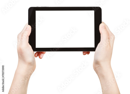 hands holds tablet-pc with cut out screen