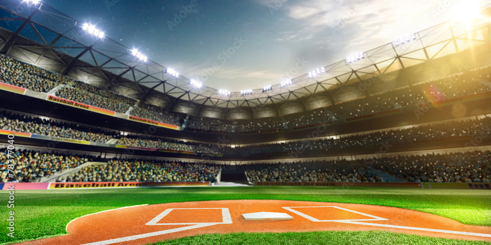 Professional baseball grand arena in sunlight - obrazy, fototapety, plakaty 