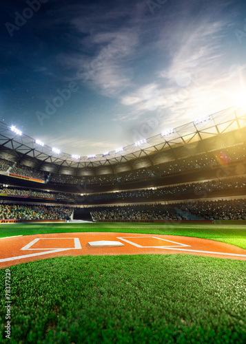 Professional baseball grand arena in sunlight