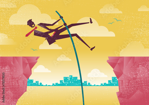 Businessman Pole Vaults from Clifftop to Safety.