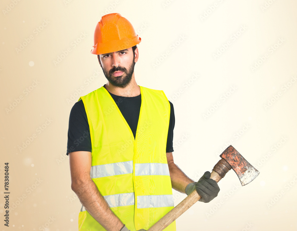 Workman with ax over white background Workman with ax over white background