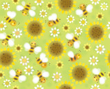 Vector seamless cute pattern flowers and bees, soft, blurred eff