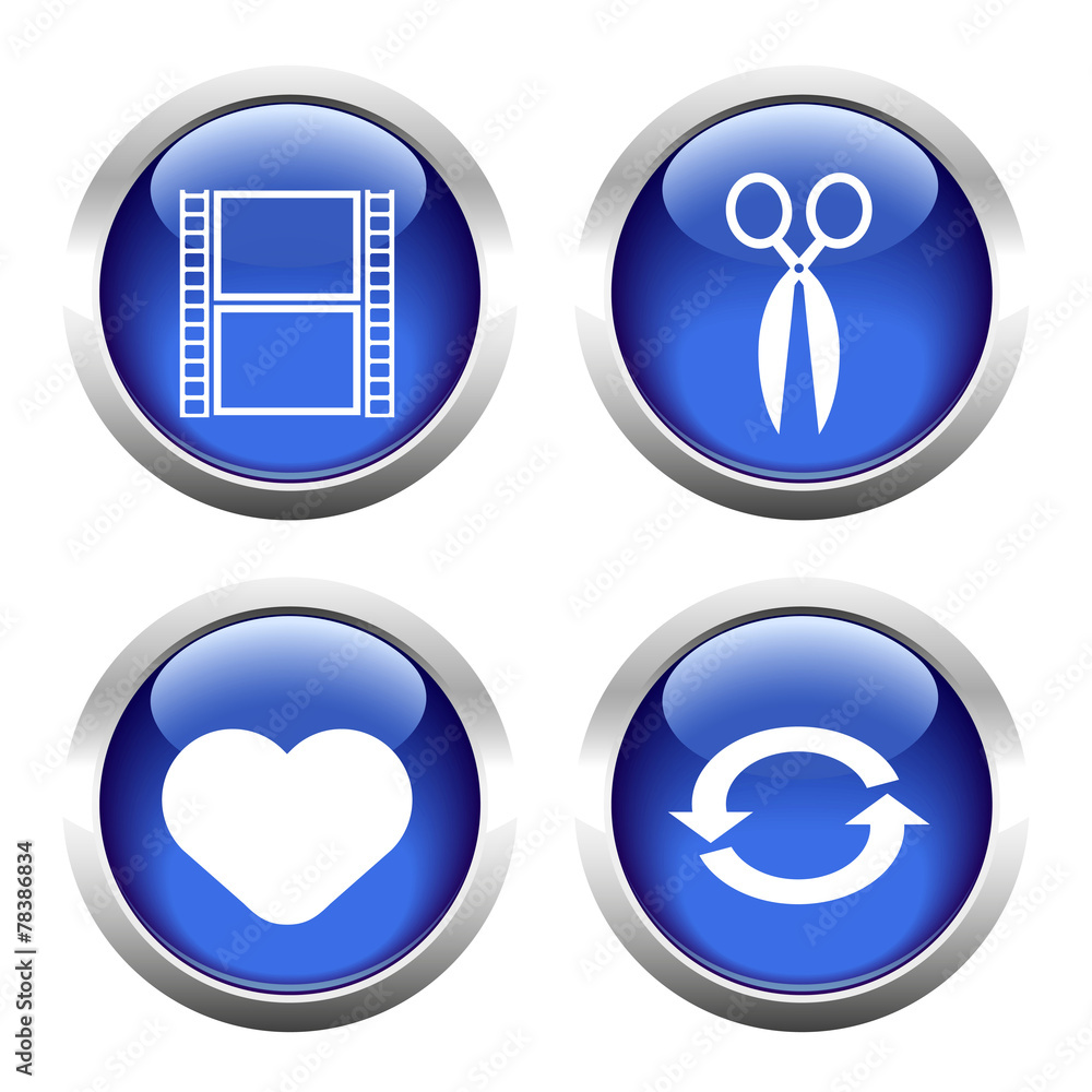 Set of buttons for web, film, heart, reboot, scissors. Set of buttons for web, film, heart, reboot, scissors.