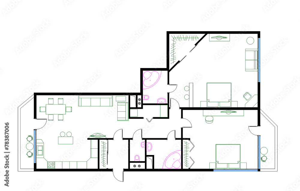 draft plan of the three-room apartment, 120m with furniture draft plan of the three-room apartment, 120m with furniture
