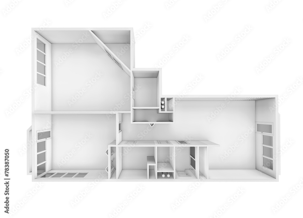 3D rendering. Model of the three-room apartment. 3D rendering. Model of the three-room apartment.