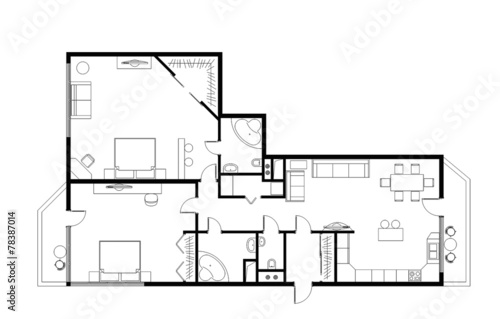 draft plan of the three-room apartment, 120m with furniture photo