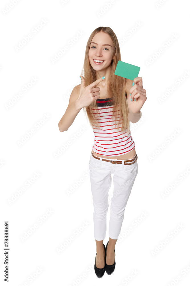 Young woman showing blank credit card. Happy smiling multi-ethni Young woman showing blank credit card. Happy smiling multi-ethni