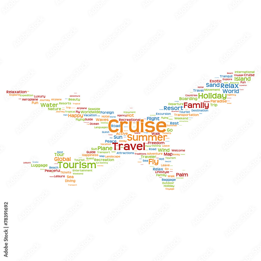 Fototapeta premium Vector conceptual travel or tourism plane word cloud