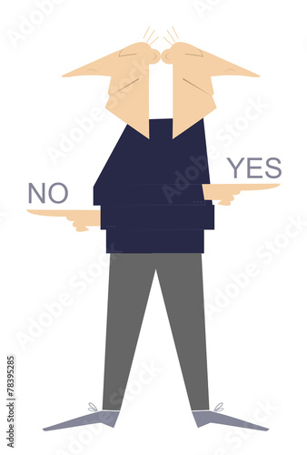 Two heads man shows by fingers different ways