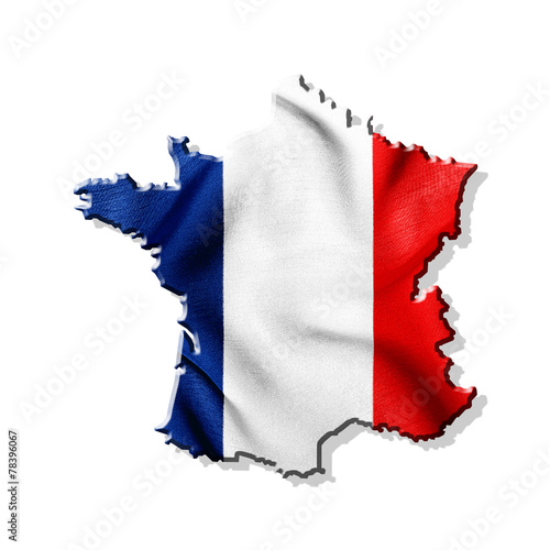 Map of France with waving flag isolated on white background