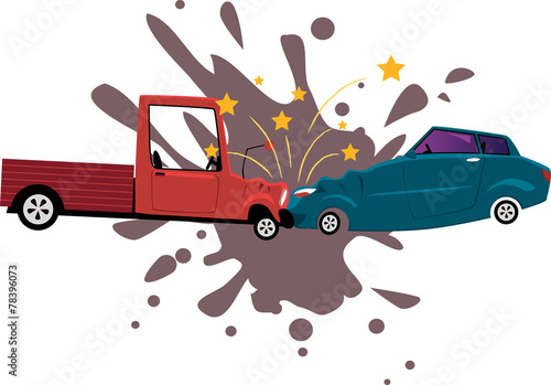 Road collision between a pick-up truck and a sport car