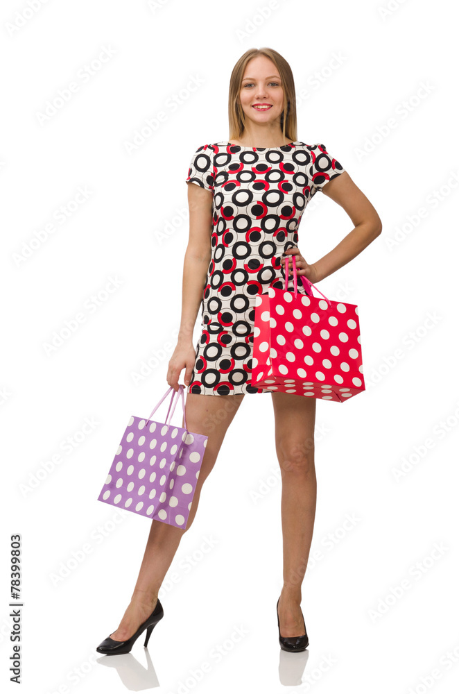 Young woman after shopping isolated on the white Young woman after shopping isolated on the white