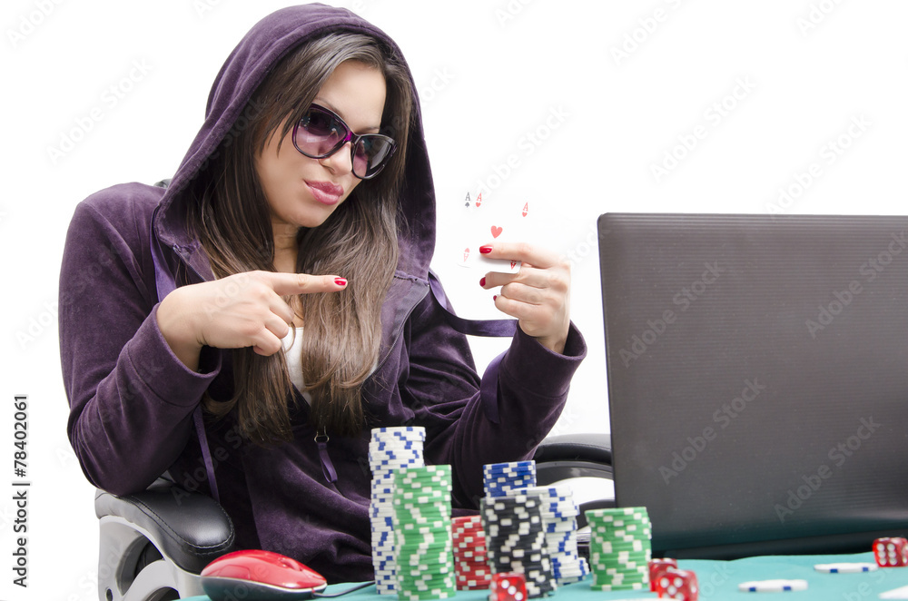 Cool girl playing online poker,showing off with two aces Cool girl playing online poker,showing off with two aces