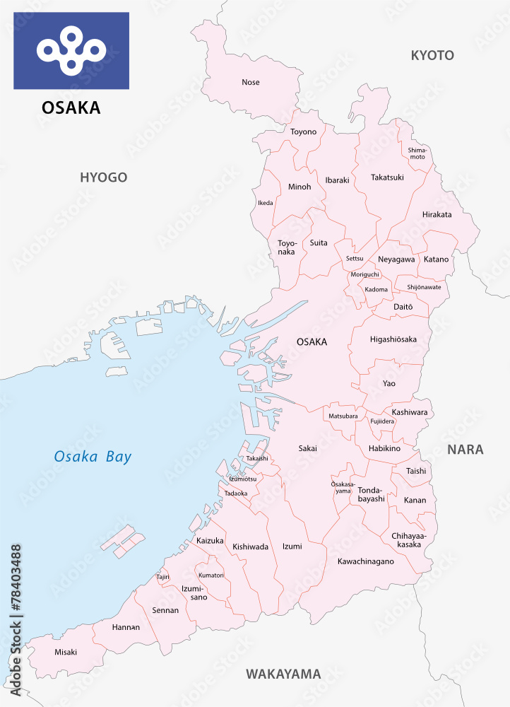 Fototapeta premium Mapa prefektury osaka z flagą