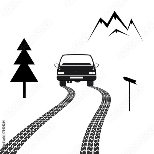 Car driving on a mountain road with tire tracks