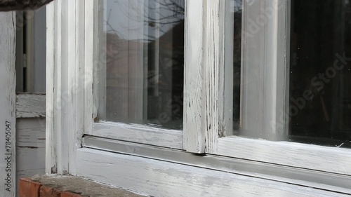 Home renovation, old wooden window painting with paint brush