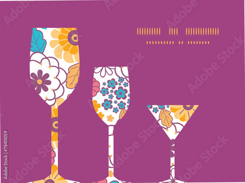 Vector colorful oriental flowers three wine glasses silhouettes