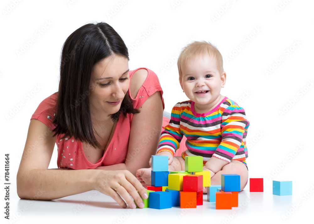 mother and baby play with building blocks toy isolated on white mother and baby play with building blocks toy isolated on white