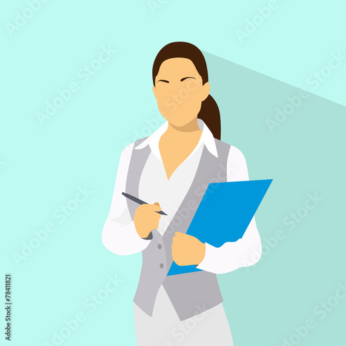 Businesswoman with document clipboard and pen wear vest flat