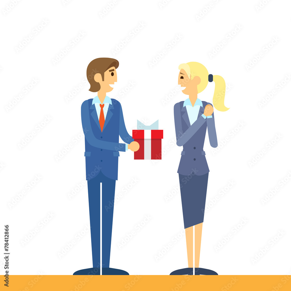 Obraz premium Businessman present gift box business woman flat
