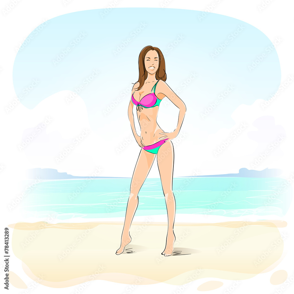 woman on summer beach, long leg blonde sexy girl bikini