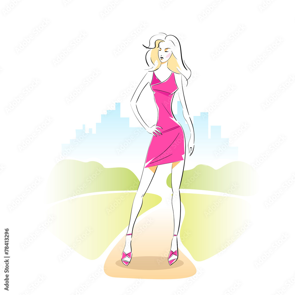 fashion woman sketch pink dress outdoor vector fashion woman sketch pink dress outdoor vector